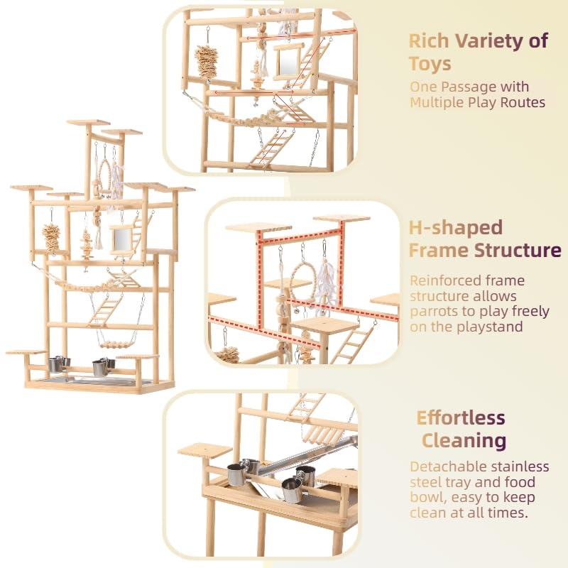 VELVETPAW Bird Playground – 7-Level Natural Wood Parrot Playstand with Feeders & Toys, Modular Two-Tier Bird Play Gym, Detachable Top Tabletop Stand & Detachable Top Tabletop Stand