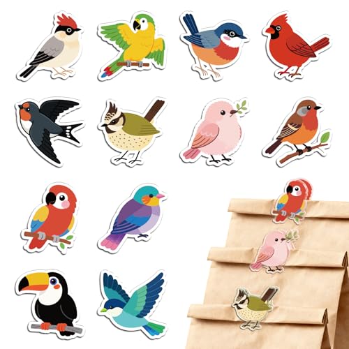 MAYJOYDIY 24Pcs 12 Styles Bird Branch Acrylic Chip Clips Parrot Swallow Robin Bag Sealer Sealing Closures Cute Pink Bird Toucan Bag Clips for Food Storage Airtight Seal Grip - style: Bird
