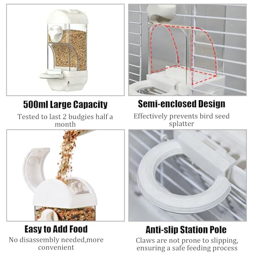 Automatic Bird Feeder Waterer Kit Bird Cage Hanging Waterer Parakeet Leak-Proof Feeder Parrot Vegetable Clips Cage Accessories for Budgies Lovebirds Finches Canaries Parrotlets Conures (White) - color: White