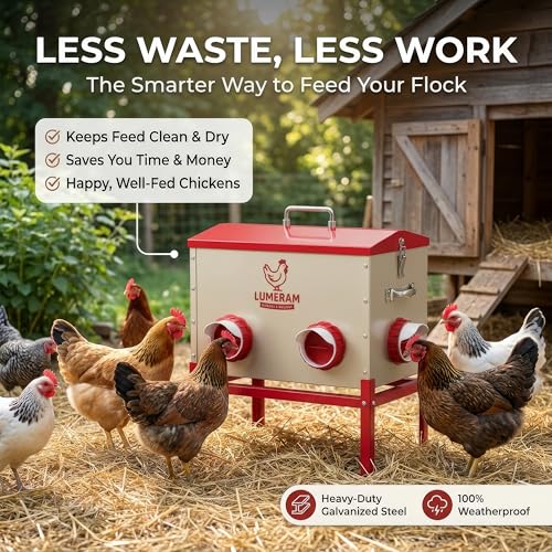 30 LB Large Automatic Chicken Feeder with No-Waste Ports – Outdoor Metal Chicken Feeders with Adjustable Stand, Rodent-Resistant Design & Riveted Handles for Chickens, Ducks & Poultry