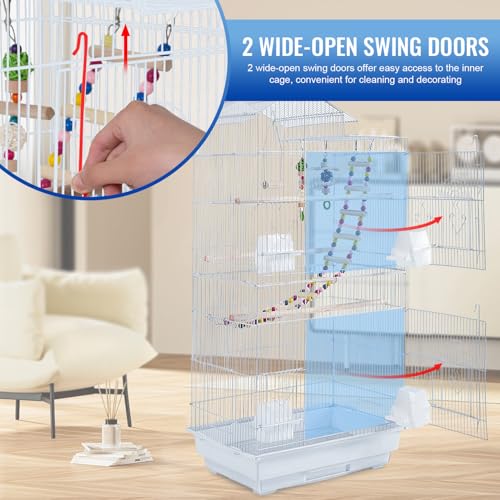 FDW 39 Inch Bird Cage Parakeet Cage with Play Top Rolling Stand & Easy Clean Pull-Out Tray Roof Top Parrot Cage for for Finches Canaries Parakeets Cockatiels & Other Small Birds, White - color: White