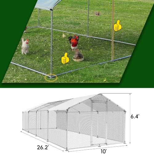 Large Metal Chicken Coop Round Top Upgrade Tri-Supporting Wire Mesh Chicken Run,Chicken Pen with Water-Resident and Anti-UV Cover,Duck Rabbit House Outdoor (26.2'L x 9'W x 6.5'H) - size: 314.4"L x 108.0"W x 78.0"H