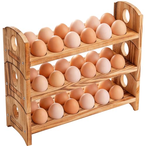 Wooden Egg Holder, 3 Tier 36 Egg Capacity, Farmhouse Egg Holder for Countertop, Stackable Egg Storage Rack for Fresh Eggs, Rustic Wooden Egg Organizer with Handles for Kitchen Counter