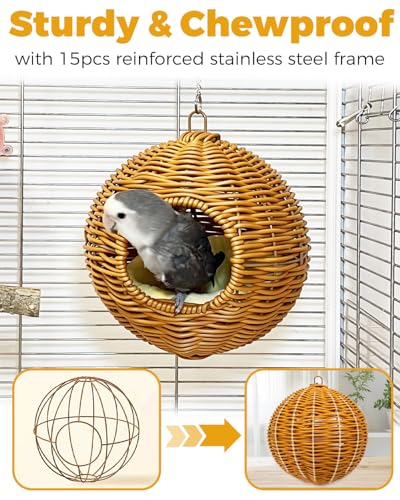 Chewproof Steel Frame Bird Nest for Cage, Washable Small Bed Hammock | Bird Hideout Lay Eggs Parakeet Nest Sleep Rest, Parakeet Warm Bed House Hut for Lovebird, Canary, Budgie, with Cushion - color: S-Long Chain-brown for Small Birds