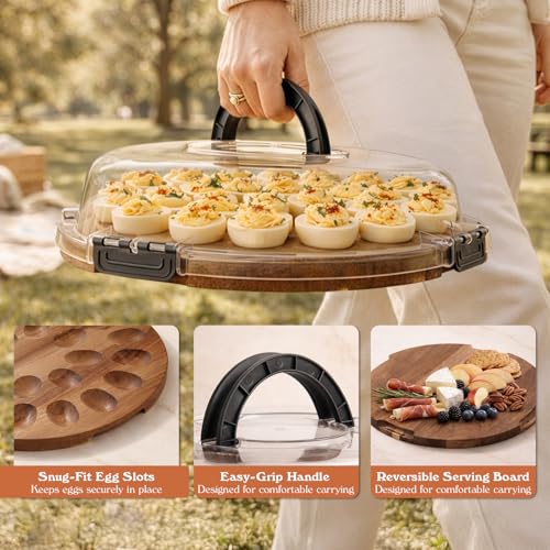 Deviled Egg Containers with Lid, 24-Slot Acacia Wood Deviled Egg Tray Platter for Serving and Transporting, Elegant Party & Potluck Serving Board (Black)