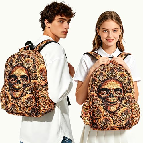 Gold Skull Kids Backpack School Backpack Teens Bookbag for Girls Boys Hiking Camping Travel Sports - color: Gold Skull