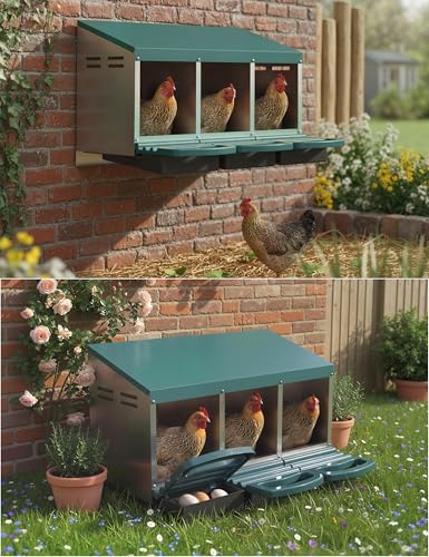 GarveeLife Chicken Nesting Box 3 Hole, Galvanized Steel Nest with Roll Away Egg Collection & Swing Perch, Easy-Clean Laying Box for Hens, Heavy Duty Design for Chicken Coop - color: Green, size: 3 holes