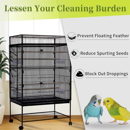 Daoeny 2PCS Bird Cage Seed Catcher, Large Bird Cage Cover, Adjustable Soft Airy Nylon Mesh, Birdcage Cover Skirt Seed Guard for Parrot Parakeet Macaw Round Square Cages (Black & White) - color: Black & White
