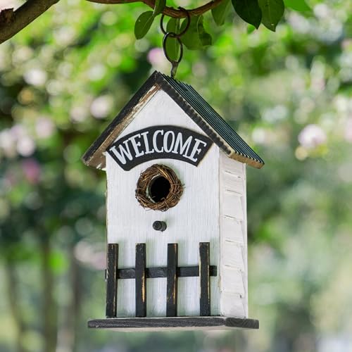 Glitzhome Bird Houses for Outside, Birdhouses for Outdoors, 11" H Washed White Solid Wood Bird Houses Fence Garden Hanging Birdhouses for Bluebird Swallow Sparrow Hummingbird Finch Cardinals - color: 11"H White