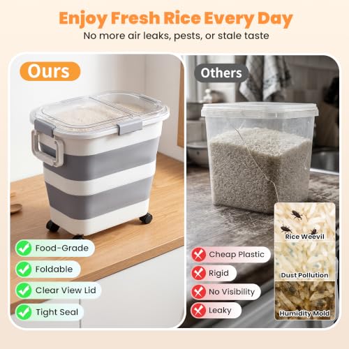 30 Lbs Rice Container, Collapsible Dog Food Storage Container | Airtight Cat Food Container with Wheels, Transparent Lid, Measuring Cup, Scoop and Handle, BPA Free for Pet Food, Bird Seed - size: 30lbs