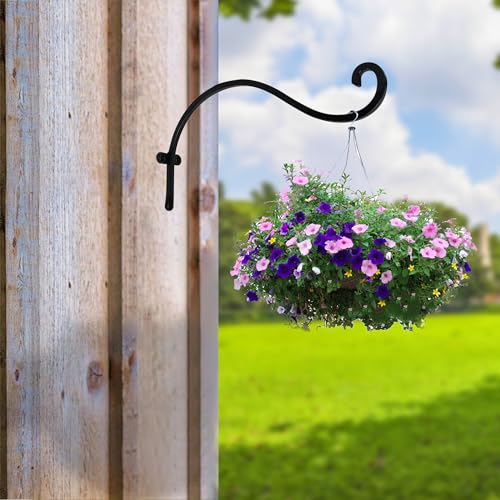 Hourleey 2 Pack Plant Hanger Outdoor, 12 Inch Heavy-Duty Hanging Plant Hook for Outside Basket, Black Metal Wall Mount Plant Bracket Hook for Flower Baskets Bird Feeder - size: 12 Inch-2 Pack