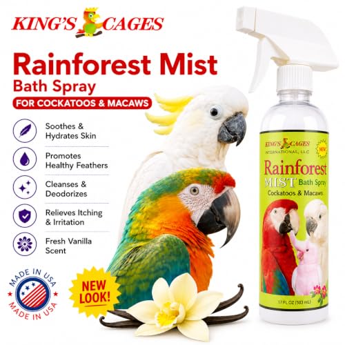 King's Cages Rainforest Mist White Spray 17oz. Feather Conditioning Bath Mist Vanilla Scent for Cockatoos and Macaws Parrots - size: Pack of 1