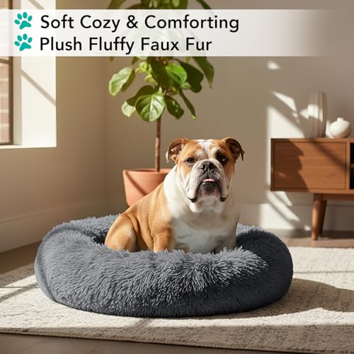 PetAmi Calming Donut Dog Bed, Washable Faux Fur, 30 Inch Medium, Grey | Warm Shaggy Faux Fur and A Deep Nest Help Anxious Pets Curl Up and Sleep Soundly. Perfect for Puppies, Cats, and Rescues. - color: Gray, size: Medium - 30"