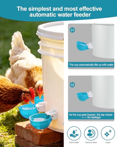 Chicken Waterer Cups (16 Pack) with 3/8" Drill Bit - Light Blue | Automatic Poultry Drinker Feeder Kit for Chickens, Ducks, Turkeys, Quail, Bunnies | DIY Gravity Fed Bucket Water Dispenser - color: Light Blue, size: 16 Pack + Drill bit