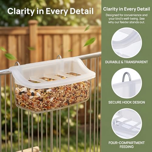 NOLITOY Hanging Bird Feeder for Cage, 2 Pack 4 Compartment Food and Water Bowl Bird Cage Cup, Plastic Feeder Cups for Parakeet Parrot Budgie Canary Pigeon