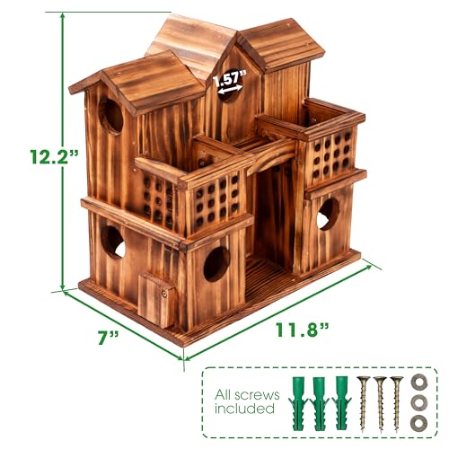 MIXUMON 8-Room Wooden Bird House with 2 Front Feeders – Large Outdoor Birdhouse for Multiple Birds, 1.57” Entrance Holes, Easy Access Cleaning Doors, Rustic Burnt Wood Design for Garden, Yard & Patio