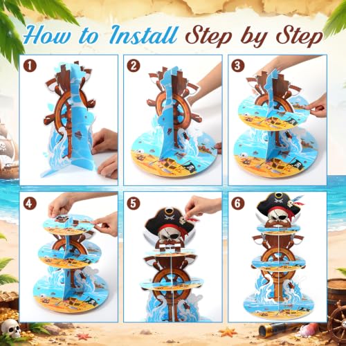 3 Tier Pirate Cupcake Stand Decoration Nautical Sailing Skull Cap Cupcake Tower Pirate Table Decoration Treasure Dessert Holder Table Display for Birthday Halloween Nautical Party Decor - style: Pirate
