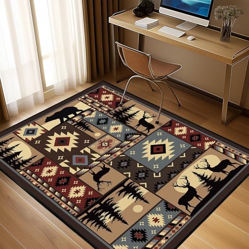 Rustic Rug for Bedroom,Cabin Wildlife Area Rug 4x6 Carpets Runner for Living Room,Buffalo Plaid Bear Moose Deer Country,Washable Throw Rugs Indoor Doormat Non Slip Floor Mats for Dining Room,Laundry - size: 4'x6'