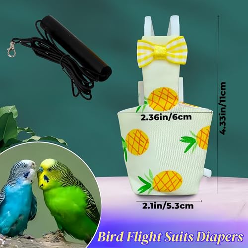 2 Pcs Bird Diapers Bird Harness Flight Suits Diapers with 80in Flying Leash Reusable Parrot Nappy with Waterproof Inner Layer for Cockatiel Budgie Conure Parakeet Lovebird-Apple&Pineapple