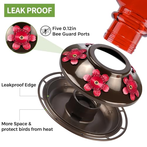 Glass Hummingbird Feeders for Outdoors Hanging, Ant Moat, Red, 22oz | 5 Feeding Ports, 360° Perch, Leak Proof, Easy Refill & Clean, Attractive Garden Decor, Birthday Gifts for Women Men Mom Dad - color: Ruby Red