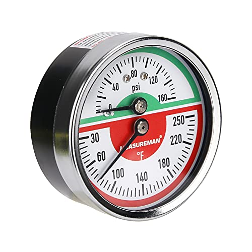 MEASUREMAN Tridicator, Thermo-Manometer Pressure Gauge, 2-1/2", 0-160psi/30-250 deg F, Black Iron Case, 1/4" NPT Back Mount - size: Back Mount-Dry