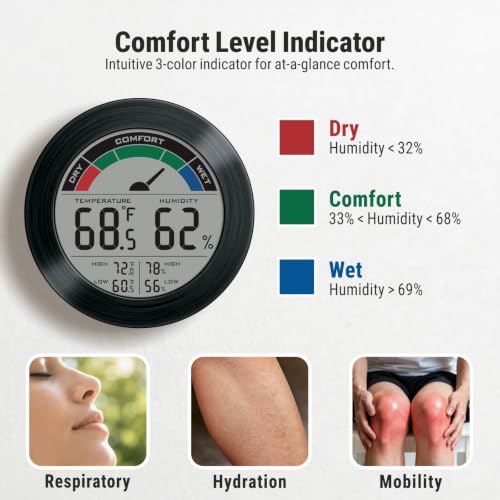 Digital Hygrometer Indoor Thermometer, Brushed Metal Frame, Black | Large round display, clear digits, accurate readings, comfort gauge, humidity meter, room temperature and humidity monitor - color: Black Stainless