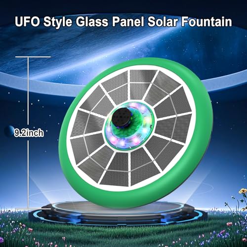 Solar Fountain UFO Style, 2026 Upgrade 5W Glass Solar Panel Bird Bath Fountain with LED Lights, 4000mAh Backup Battery, 7 Nozzles for for Garden, Pond, Pool, Patio Outdoor Water Feature - color: Green
