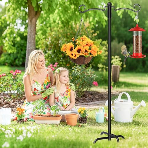88" Adjustable Double Shepherds Hook for Outdoor, Heavy Duty 3/4" Thick Bird Feeder Pole with 5-Prong Base for Hanging Plant Baskets, Hummingbird Feeder, Solar Lights, Lanterns (2 Pack) - size: 2 Pack