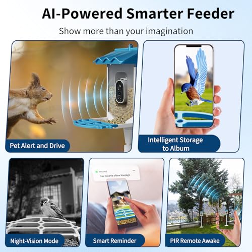 GarveeLife Smart Bird Feeder,2L Capacity,with 4K Camera & AI Recognition | Solar Powered, , Night Vision, App Alerts, Auto Capture Photos/Videos for Bird Watching - color: Blue