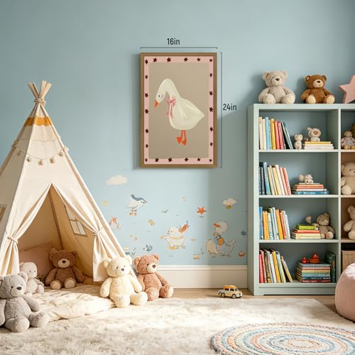 RLKHG Wood Framed Cute Goose Nursery Wall Art, Whimsical Goose with Bow Wall Decor, Pink Star Cottagecore Animal Poster Print, Sweet Farmhouse Kids Room Artwork for Girls Bedroom 16x24 Inch - color: CuteGoose, size: 24"L x 16"W