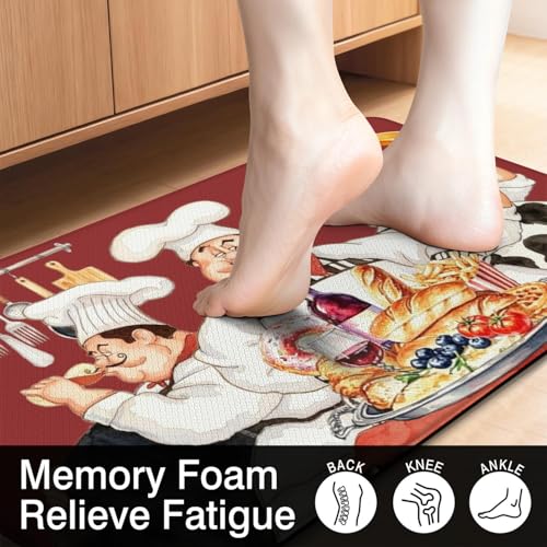 Chef Anti Fatigue Kitchen Mats for Floor, 17.3"x47"+17.3"x29", Red | Cushioned Non Slip Memory Foam Waterproof, Farmhouse Decor Rugs Set of 2 for Sink Laundry Office - color: Chef