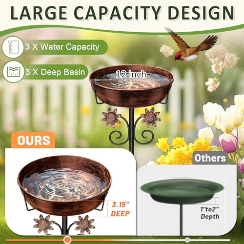 3" Deep Metal Bird Bath for Outside, Removable 12" Dia Vintage Bird Baths Bowl for Outdoors with Stable 5-Prong Stake, 37" H Freestanding Birdbath for Garden Patio Yard Lawn (Brush Bronze)