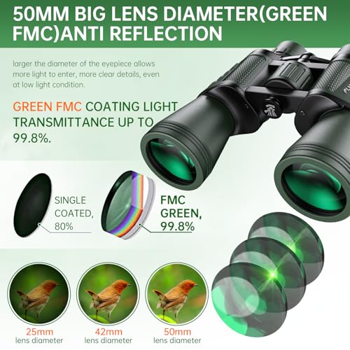 20x50 High Powered Binoculars for Adults, Waterproof Binoculars with Low Light Vision for Bird Watching Hunting Camping Travel Cruise Hiking Sports Stargazing, Gifts for Men Dad - color: Green