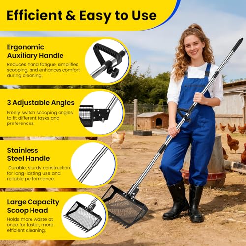 2-in-1 Chicken Poop Scooper & Rake, 3 Angles of Use with 10” Metal Shovel Head, Adjustable Stainless Steel Handle (36–76”), Chicken Poop Scoop for Sand & Bedding