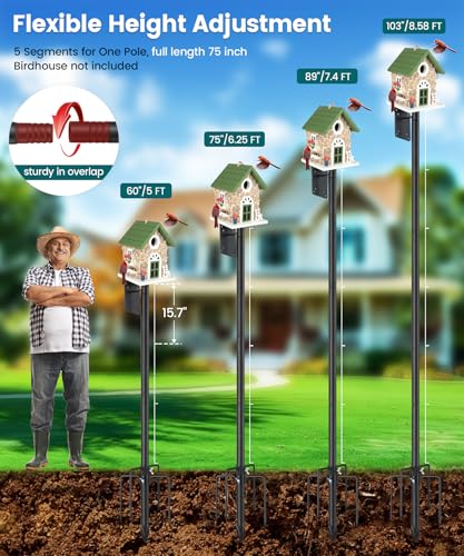 2 Pack Bird House Pole, 75 inch Heavy Duty Bird Feeder Pole for Outdoors | 1 inch Adjustable Bird Feeder Stand for Backyard Garden Wild Bird Watching, Metal Mounting Post Kit with 5 Prongs Base - size: 75" (2 Pack)