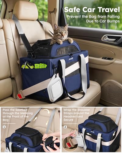 Pecute Cat Carrier, Top Expandable Dog Crate for Travel, Blue | 5mm Anti-Collapse Steel Frame, Soft Mesh, Vet Visits, Foldable Travel Crate,Outdoor Hammock, Leakproof Pee Pad & Bowl - color: Blue