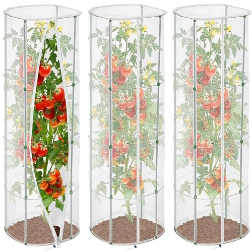 3 Pcs Garden Bird Netting Cover for Round Tomato Cage, 59" x 14.6" - Fits 13" D x 63" H Cage, Tomato Trellis Plant Net Cover with Zipper & Drawstring, Insect Barrier for Protecting Vegetables Fruits