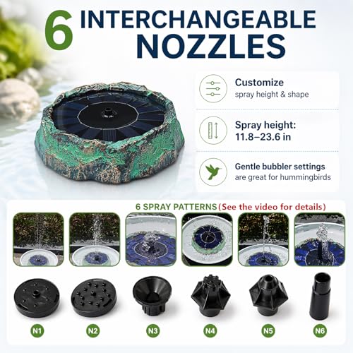 Solar Fountain for Bird Bath Vintage Copper Patina Faux Rock Water Pump with 6 Nozzles Small Solar Powered Bird Bath Water Bubbler Hummingbird Fountain Birdbath for Garden Fish Tank and Pond