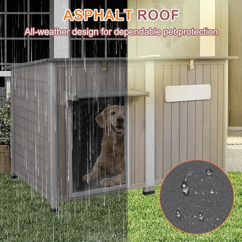 Outdoor Dog House Weatherproof, Wooden Puppy Shelter with Anti-Chewing Iron Frame and Elevated Floor, Sturdy Dog Kennel for Small, Medium & Large Dogs (Gray, 51" L x 29" W x 32" H) - size: 51" L x 29" W x 32" H