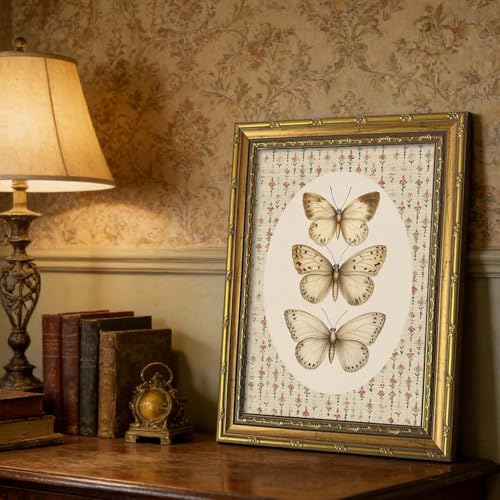 DR.RiftArt Vintage Butterfly Wall Art Antique Neutral Insect Decor Painting | Canvas Floral Background Artwork Print Picture Rustic Farmhouse Style for Living Room Bedroom Office 12x16 inch Gold Framed - color: There Butterfly, size: 16"L x 12"W