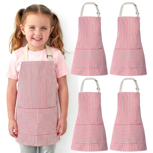 Newcotte Stripes Kids Aprons, Adjustable Cotton Bib Chef Apron with 2 Pockets for Cooking Painting Baking Toddler Boys Girls - color: Pink