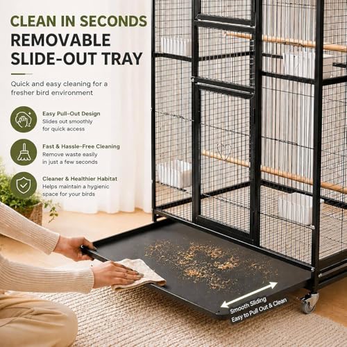 57.4" Extra Large Bird Cage for Parrots, Flight Cage with Rolling Stand, 6 Perches, Feeding Cups, Removable Tray & Play Accessories, Metal Aviary Cage for Parakeets, Macaws, Cockatoos(Black)