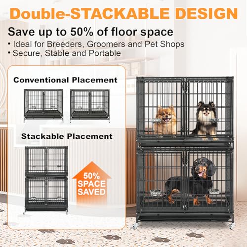 Homey Pet Taller 43" Two Tiers Dog Crate Cage Kennel with Divider, 2 Pack | Commercial Modular Dog Kennel with Dual Front Doors, Divider, Auto Locks, Removable Tray, Bowls for Small and Medium Dogs - size: 43"L - 2 Tiers - 2 Pack