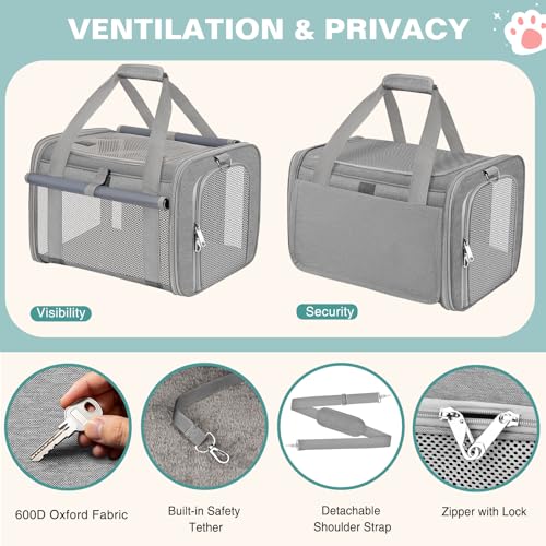 Cat Carrier Airline Approved Privacy Portable Top Load Pet Travel Bag | Soft Sided Pet Carriers for Small Cats Dogs Puppy up to 16 Lbs,Collapsible,Zipper Lock,Luggage Sleeve,2 Storage,Washable - color: Gray