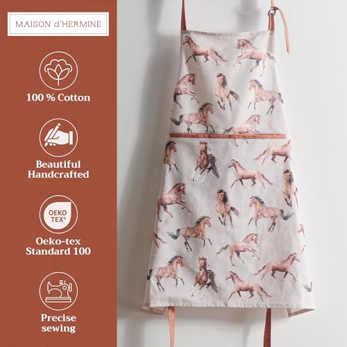 Maison d' Hermine Aprons for women with Pocket 100% Cotton (27.50"x31.50") | Adjustable Neck Strap & long ties Apron Men Chef Wedding Cooking Gardening Server Maid - color: 030 - Free Horse