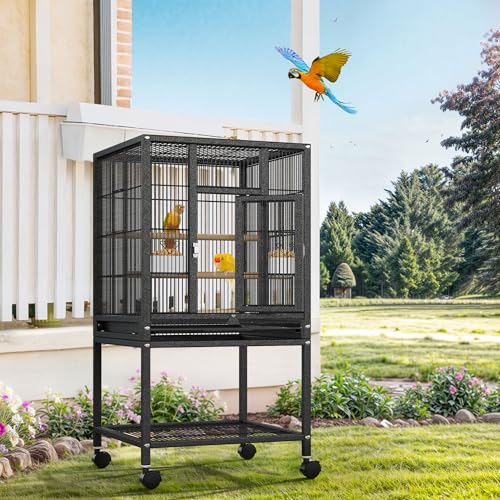 DWVO 41-inch Metal Bird Cage | Large Parrot Cages with Rolling Stand - Features Tray, Food Boxes & Wooden Perches - color: Black, size: 19.0"L x 18.1"W x 40.5"H
