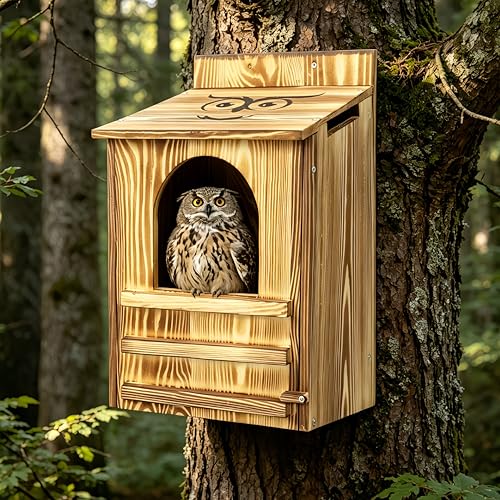 Owl House for Outdoors - 9.1x7.5x14.6 Inch Wooden Owl Nesting Box, Bird Houses for Outside with Secure Entrance & Ventilation, Easy to Install on Trees