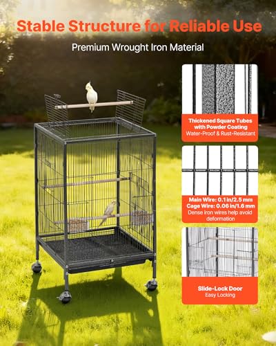 VEVOR Bird Cage, 18 x 18 x 30 inch, Open Flat Top, Wrought Iron Bird Flight Cage with Perches, Slide-Out Tray and Plastic Feeders, Casters, for Parrot, Blue Tit, Cockatiel, Canary, Budgerigar, Conure - size: 18.0"L x 18.0"W x 30.0"H