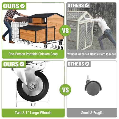 Extra Large Mobile Chicken Coop with Run, Portable Chicken Tractor with Wheels, 76.7" L Hen House Poultry Cage with All-Around Iron Frame, Metal Sliding Tray, 6 Nesting Boxes for 6-8 Chickens - size: 76.6"L x 53.8"W x 36.8"H, Fits 6-8 Chickens