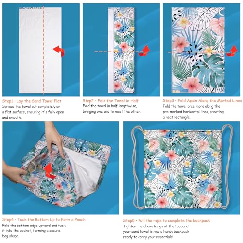 Holiday Beach Towel Bag 2 in 1 Tropical Leaves Beach Towel Backpack Convertible for Women Men - color: Tropical Leaves Blue